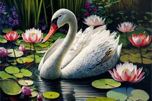  A Painting Of A Swan In A Pond Of Water Lillies And Lily Pads With Lily Pads Around It.