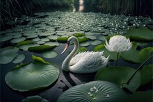  A Swan Is Swimming In A Pond With Lily Pads And Water Lilies In The Foreground.