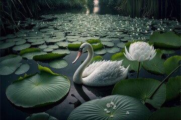  a swan is swimming in a pond with lily pads and water lilies in the foreground. generative ai