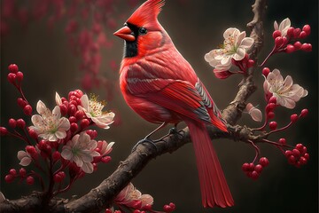  a red bird sitting on a branch of a tree with flowers and berries on it's branches. Generative AI