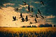  a flock of birds flying over a field of yellow flowers at sunset or dawn with a flock of birds flying overhead. Generative AI