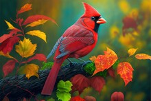  A Red Bird Sitting On A Branch With Leaves Around It And A Green Background With Yellow And Red Leaves.