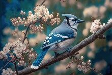  A Blue Jay Perched On A Branch Of A Tree With White Flowers In The Background Of A Painting Of A Blue Jay.