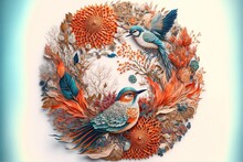  A Painting Of Two Birds Sitting On A Flowery Wreath Of Leaves And Flowers With A Blue Background And A White Background.
