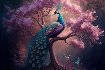  a painting of a peacock sitting on a tree branch with pink flowers in the background and a bird flying by. Generative AI