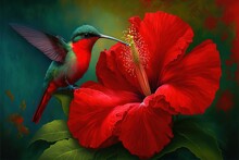 A Hummingbird Is Perched On A Red Flower With A Green Background And A Green Background Is In The Foreground. Generative AI