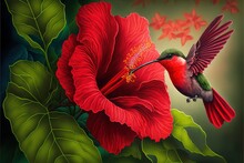  A Painting Of A Hummingbird Flying Over A Flower With Leaves Around It And A Green Background With Red Flowers. Generative AI