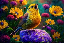  A Painting Of A Bird Singing In A Field Of Flowers With A Butterfly Nearby And A Butterfly On The Ground.