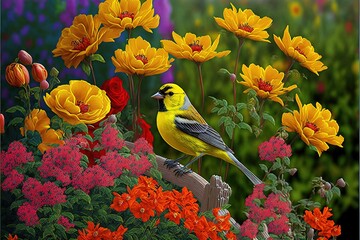 Poster -  a bird is sitting on a fence surrounded by flowers and flowers in the background is a field of flowers. Generative AI