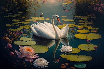  a painting of a swan in a pond with lily pads and water lillies in the foreground and a duck in the background. Generative AI