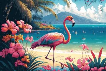  a flamingo standing on a beach next to a body of water with boats in the background and flowers in the foreground. Generative AI