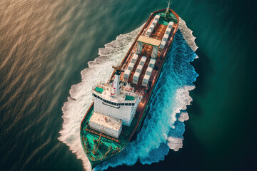 Wall Mural - Bulk transporter at anchor at sea. aerial shot taken by a drone. Generative AI