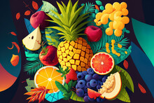 Design Of A Tropical Painting With Brightly Colorful Fruits And Foliage That Were Hand Drawn And A Comical Patchwork Backdrop. Generative AI