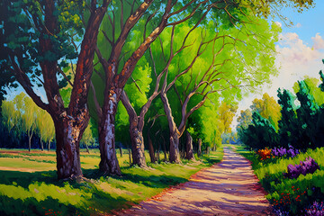 Wall Mural - oil painting of a landscape with vibrant trees. Impressionist outdoor scene painted by hand. today's art. Generative AI