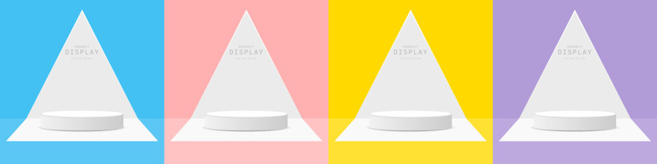 set of white realistic 3d cylinder pedestal podium with pastel blue, pink, yellow and purple background in tiny triangle shape minimal scene.  Product display Presentation. Stage for showcase.