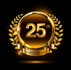 Wall Mural - 25th golden anniversary logo with ring & ribbon, luxury laurel wreath