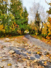 Wall Mural - Autumn road and trees digital painting