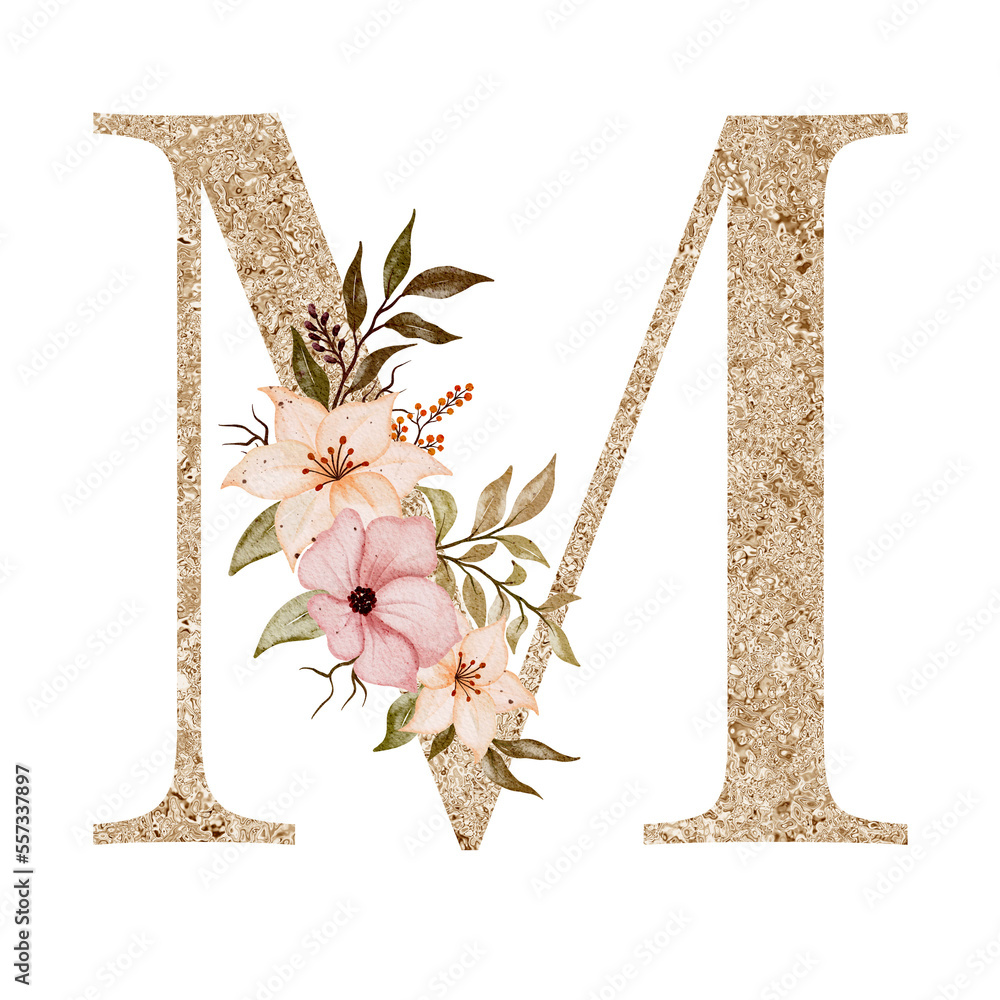 Floral alphabet, gold letter with watercolor flowers and leaf Stock ...