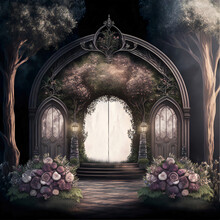 For Events And Weddings, An Arch Of Flowers Overlooking A Garden Of Branches And Roses With A Romantic Nature - Digital Drawing