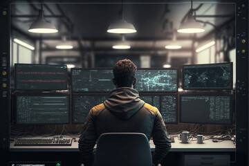 business person analyzing data from computer monitor, back view. Generated AI