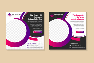 the expert of software industrialization social media post banner template with white and black background. circle dot halftone pattern style. space for photo collage. purple pink gradient element.