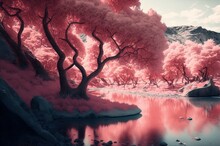 A Pink Tree Next To A River. Landscape. Art. Illustration. Generative AI.