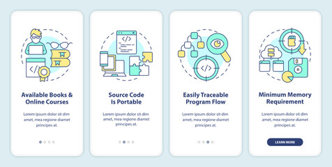 procedural programming advantages onboarding mobile app screen. walkthrough 4 steps editable graphic