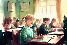 Children Studying At School, Ai Illustration