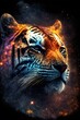 Animal face in the depths of galaxies and stars tiger