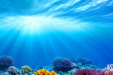 Fototapeta Do akwarium - Underwater scene. Ocean coral reef underwater. Sea world under water background. Waterline and underwater background. Empty space for text.