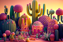 Fantasy Cartoon Cactuses Town In A Desert, Generative Ai Illustration