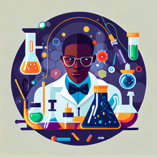 Illustration Of A Scientist Holding A Beaker Full Of Bubbling Liquid  Surrounded By Various Scientific Instruments And Equipment