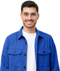 Wall Mural - Portrait of young male teacher in round glasses and casual blue shirt looking at camera