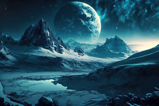 night mountain fantasy landscape, cold planet, winter, snow, art illustration