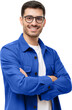 Leinwandbild Motiv Young hispanic man wearing blue shirt and glasses, looking at camera with positive confident smile, holding arms crossed