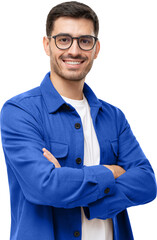 Young hispanic man wearing blue shirt and glasses, looking at camera with positive confident smile, holding arms crossed