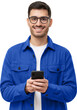 © Damir Khabirov - Young modern man in casual blue shirt and glasses, holding smart phone in hands, looking at camera with smile