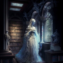 Beautiful Ghost Of The Lady Of The Castle Walking In The Library With Moonlight From The Window. Content Made With Generative AI Not Based On Real Persons.