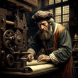 Gutenberg in his workshop dealing with first printing press machine in 15th century. Content made with generative AI not based on real persons.