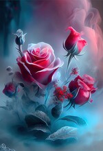 Digital Art Of Red Roses Made Of Colorful Fog Ice, Valentines Day. Ai Generative