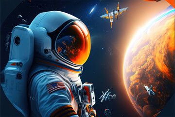 astronaut completes missions in space, ai generative, poster