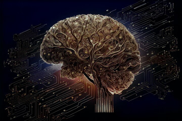 Wall Mural - human brain showing intelligent thinking through the concept of a neural network printed circuit of 
