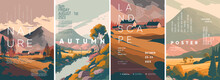 Nature And Landscape. Autumn. Europe. Typography Design.  Set Of Flat Vector Illustrations.  Poster, Label, Cover.