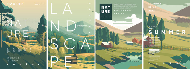 Nature and Landscape. Summer. Europe. Typography design.  Set of flat vector illustrations.  Poster, label, cover.