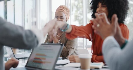 Canvas Print - Business people, meeting and applause for promotion, contract or partnership for black woman in office. Group, management team or congratulations handshake in workplace for success, goal or career