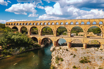 Canvas Print - Aerial view of river Gardon with Pont du Gard roman aqueduct