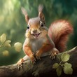 smiling curious squirrel sits on a branch and watches. Generative AI