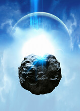 Asteroid With Distant Planet Moon, Illustration