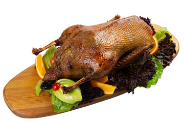 Cooked goose on a wooden board. transparent