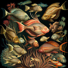 A Swarm Of Fishes In An Underwater World Illustration In Ernst Häckel Style. Generative AI.